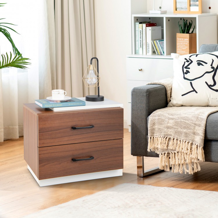 Modern nightstand with two large drawers in brown, designed for versatile use in bedroom or living room settings.